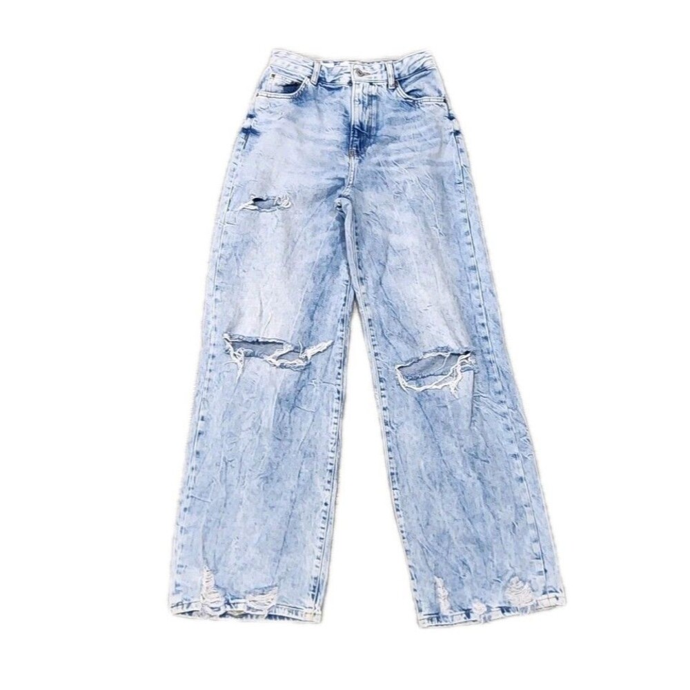 Bershka Jeans Wide Leg Distressed Light Wash  Denim High Rise 90s Sizes 6